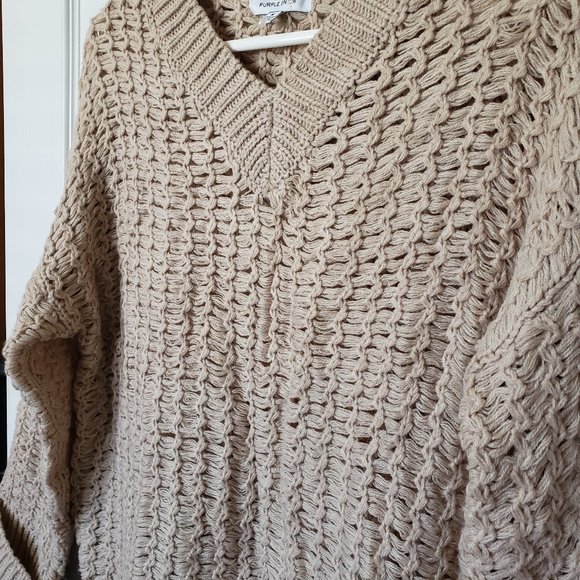 Purple Snow M Open Weave Knit Sweater Long Sleeve V Neck Beige - Picture 3 of 7